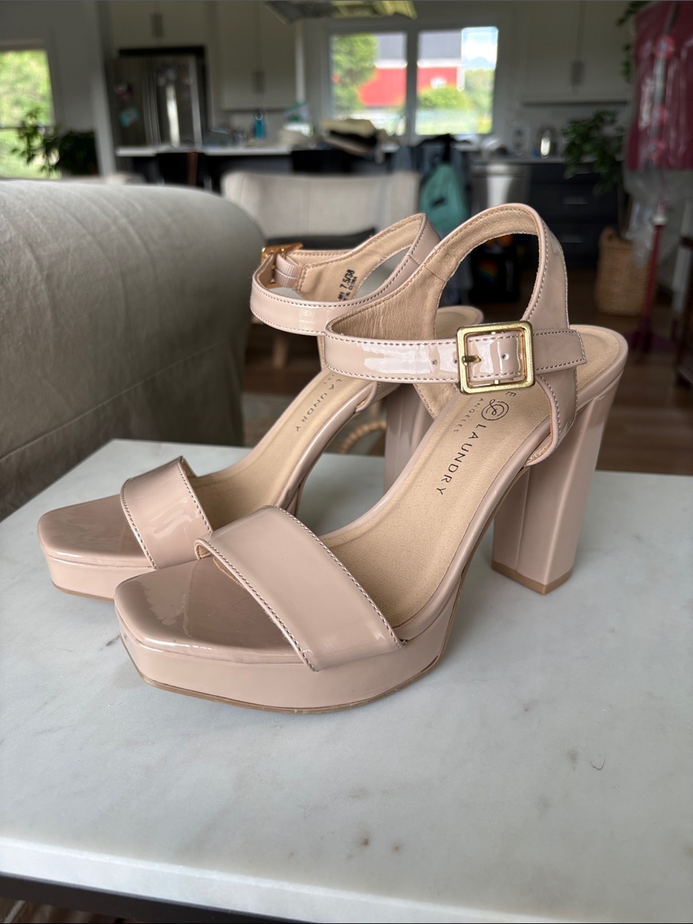 Chinese Laundry Blush Patent Platform Block Heels